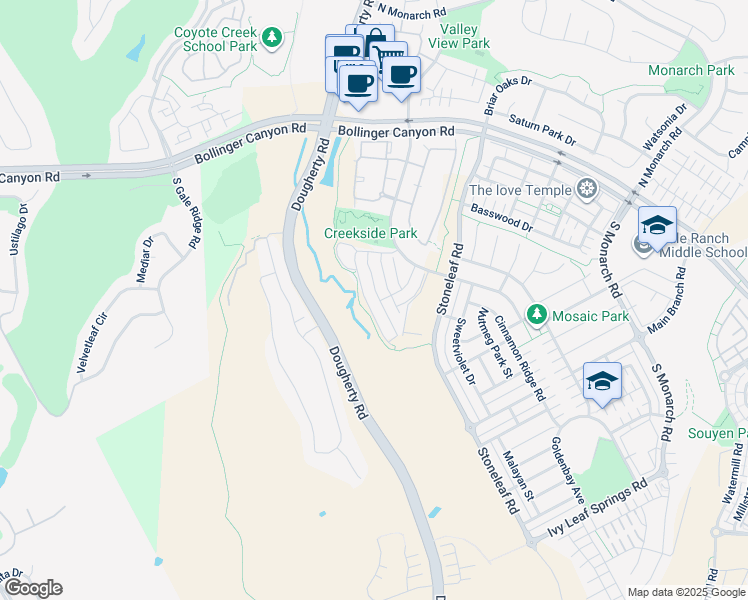 map of restaurants, bars, coffee shops, grocery stores, and more near 173 Lucy Lane in San Ramon