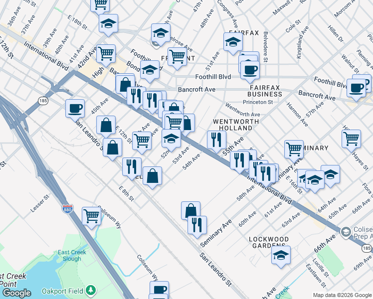 map of restaurants, bars, coffee shops, grocery stores, and more near 1321 54th Avenue in Oakland