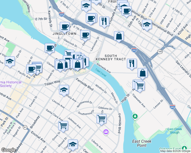 map of restaurants, bars, coffee shops, grocery stores, and more near 2914 Marina Drive in Alameda