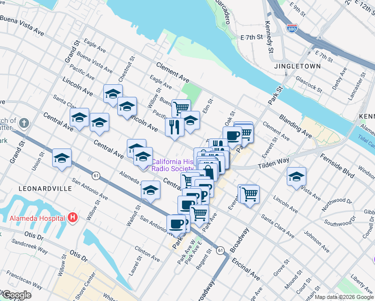 map of restaurants, bars, coffee shops, grocery stores, and more near in Alameda