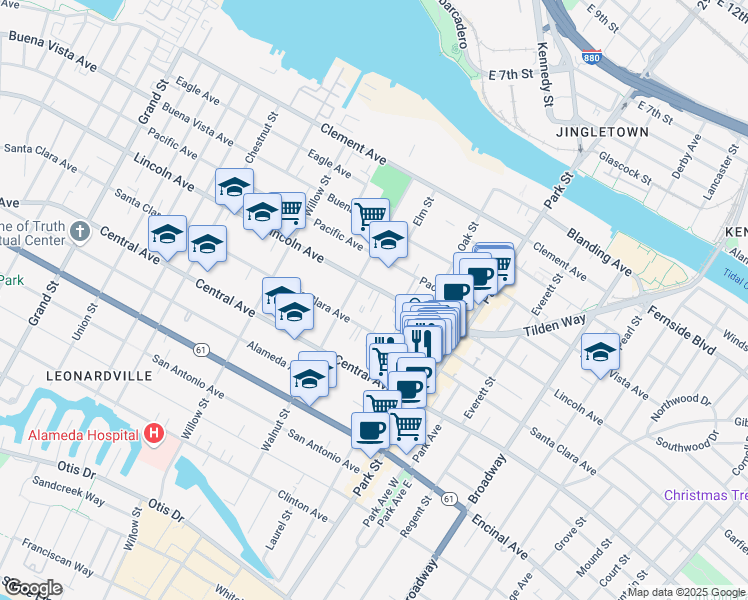 map of restaurants, bars, coffee shops, grocery stores, and more near in Alameda