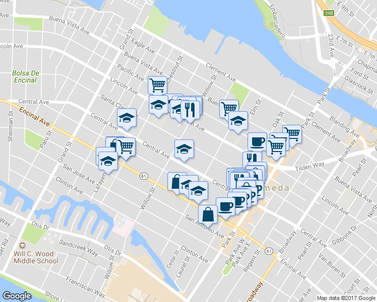 map of restaurants, bars, coffee shops, grocery stores, and more near 2133 Central Avenue in Alameda