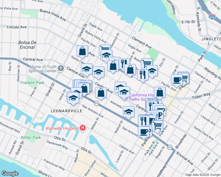 map of restaurants, bars, coffee shops, grocery stores, and more near 2068 Central Avenue in Alameda