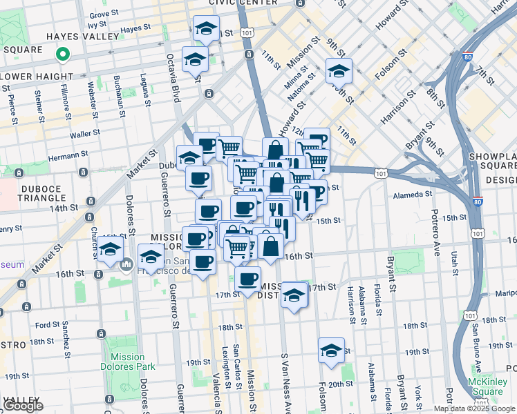 map of restaurants, bars, coffee shops, grocery stores, and more near 1500 15th Street in San Francisco