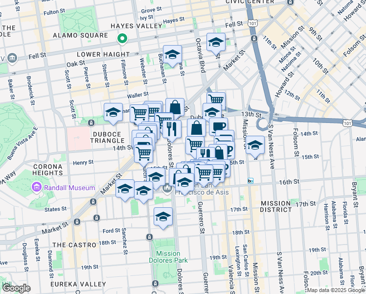 map of restaurants, bars, coffee shops, grocery stores, and more near 66 Ramona Avenue in San Francisco