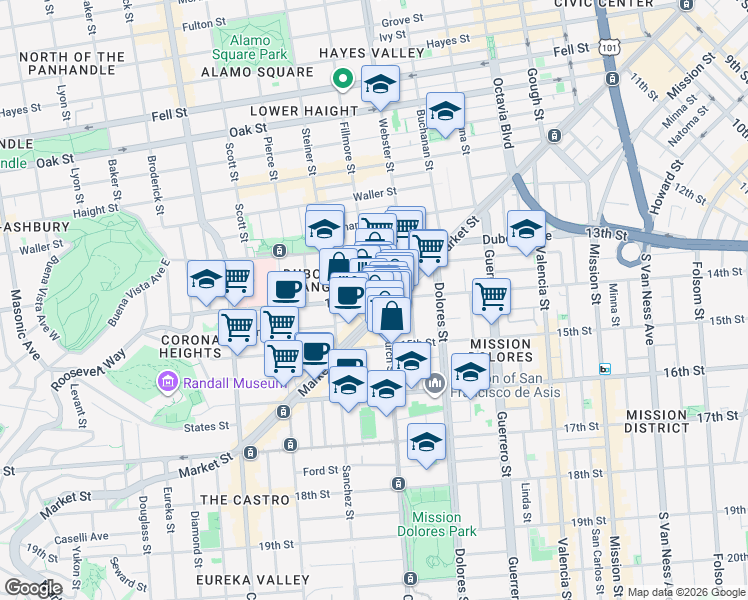 map of restaurants, bars, coffee shops, grocery stores, and more near 2124-2126 Market Street in San Francisco