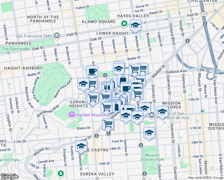 map of restaurants, bars, coffee shops, grocery stores, and more near 129 Noe Street in San Francisco