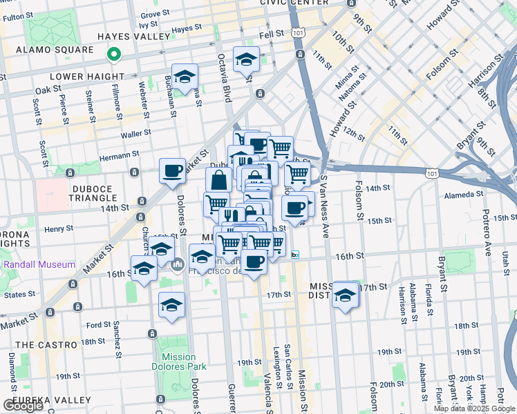 map of restaurants, bars, coffee shops, grocery stores, and more near 333 Valencia Street in San Francisco