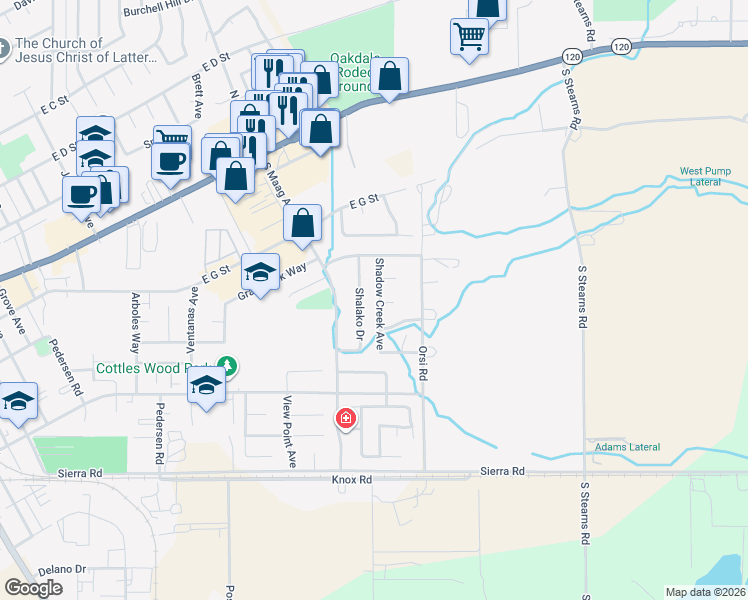 map of restaurants, bars, coffee shops, grocery stores, and more near 418 Shadow Creek Avenue in Oakdale