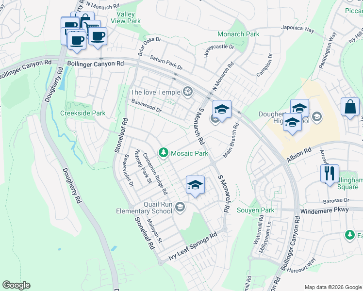 map of restaurants, bars, coffee shops, grocery stores, and more near 2137 Chamomile Court in San Ramon