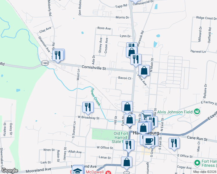 map of restaurants, bars, coffee shops, grocery stores, and more near 369 Bonny Lynn Drive in Harrodsburg