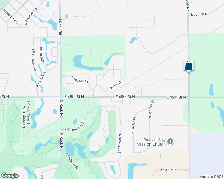map of restaurants, bars, coffee shops, grocery stores, and more near 9118 East 45th Street North in Wichita