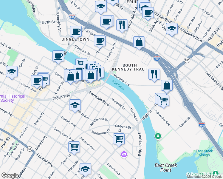 map of restaurants, bars, coffee shops, grocery stores, and more near 2914 Marina Drive in Alameda