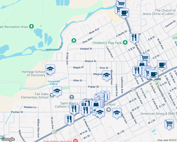 map of restaurants, bars, coffee shops, grocery stores, and more near 320 School Avenue in Oakdale