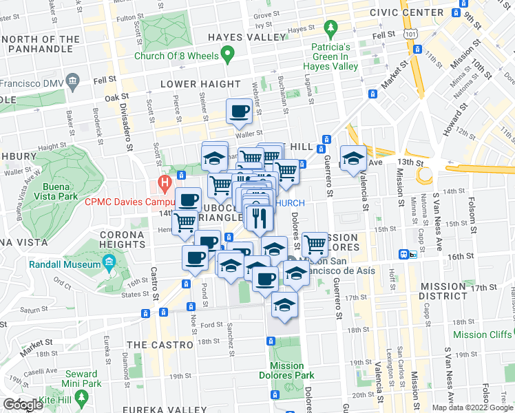 map of restaurants, bars, coffee shops, grocery stores, and more near Church St & 14th St in San Francisco