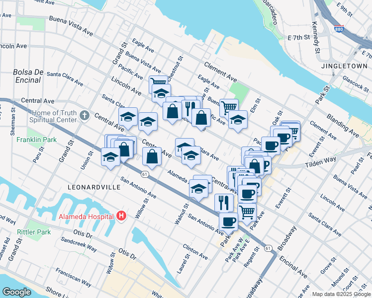 map of restaurants, bars, coffee shops, grocery stores, and more near 2116 Santa Clara Avenue in Alameda