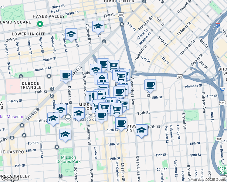 map of restaurants, bars, coffee shops, grocery stores, and more near 81 Julian Avenue in San Francisco