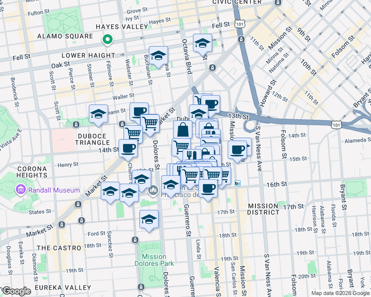 map of restaurants, bars, coffee shops, grocery stores, and more near 269 Guerrero Street in San Francisco