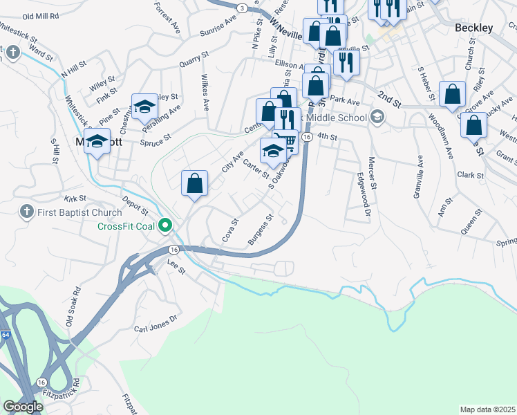 map of restaurants, bars, coffee shops, grocery stores, and more near 805 South Oakwood Avenue in Beckley