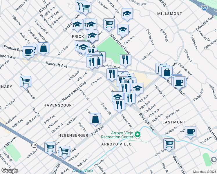 map of restaurants, bars, coffee shops, grocery stores, and more near Church Street & Halliday Avenue in Oakland