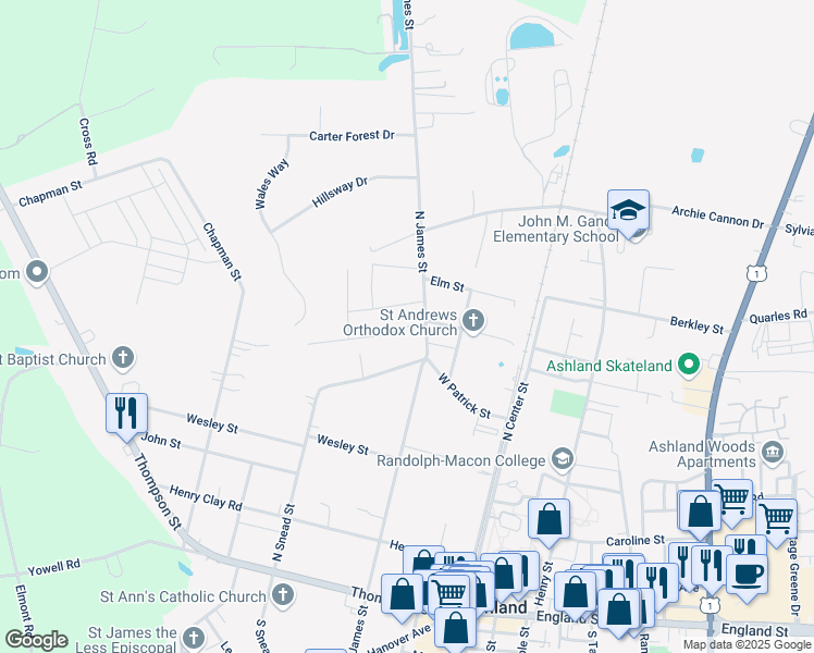 map of restaurants, bars, coffee shops, grocery stores, and more near 106 North Macon Terrace in Ashland