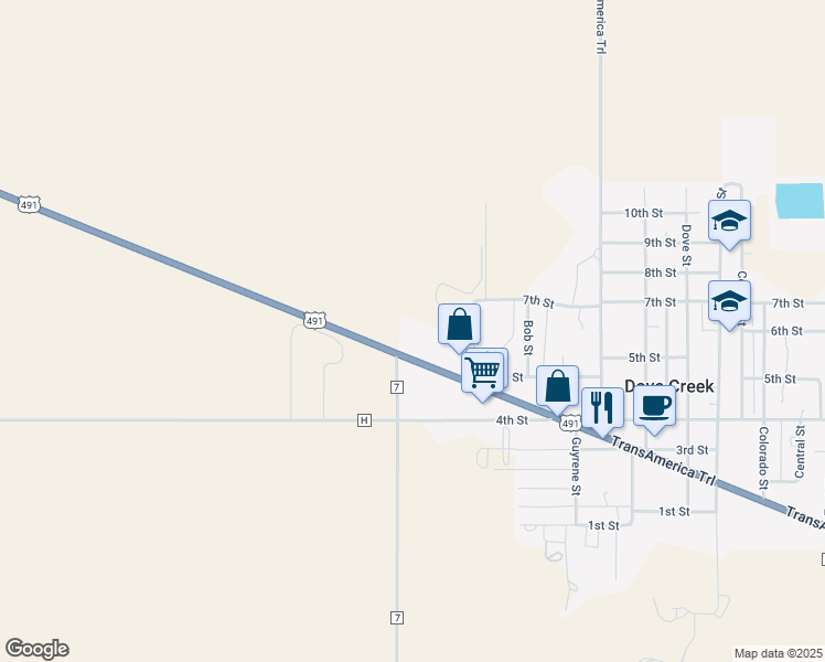 map of restaurants, bars, coffee shops, grocery stores, and more near Hwy 491 U.S. 491 in Dove Creek