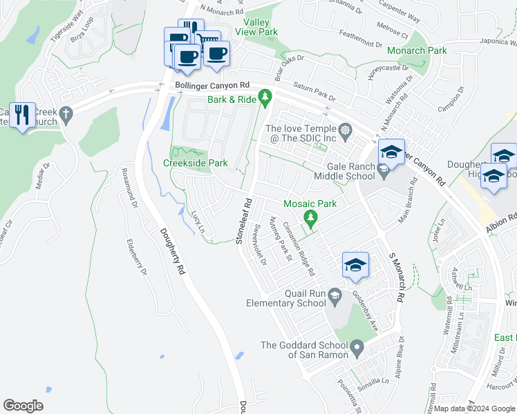 map of restaurants, bars, coffee shops, grocery stores, and more near 1066 South Wedgwood Road in San Ramon