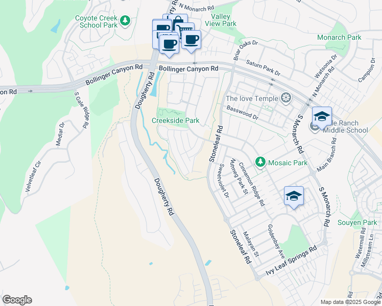 map of restaurants, bars, coffee shops, grocery stores, and more near 5116 Whetstone Way in San Ramon