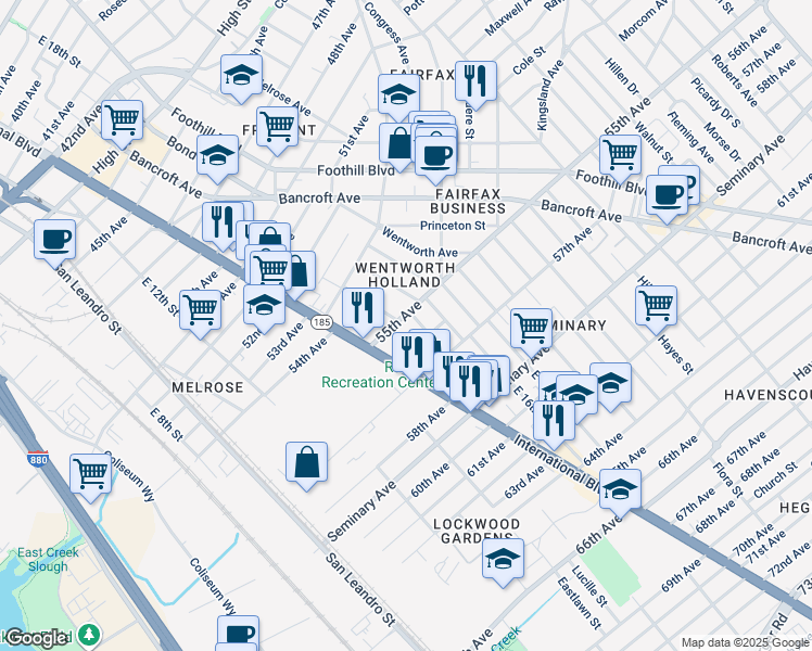 map of restaurants, bars, coffee shops, grocery stores, and more near in Oakland