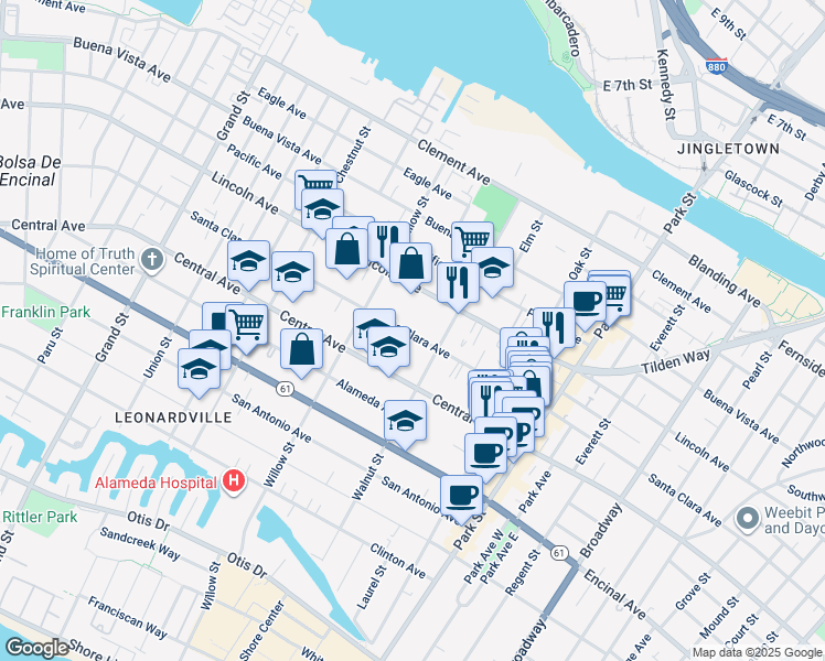 map of restaurants, bars, coffee shops, grocery stores, and more near 2136 Lincoln Avenue in Alameda