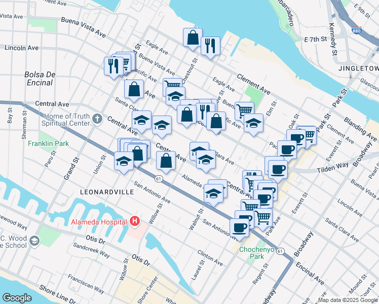 map of restaurants, bars, coffee shops, grocery stores, and more near 2056 Santa Clara Avenue in Alameda