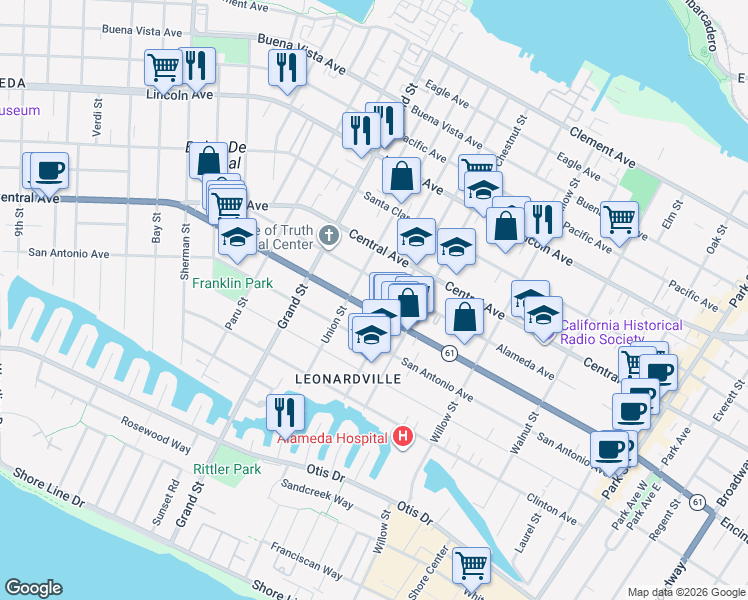 map of restaurants, bars, coffee shops, grocery stores, and more near 1220 Union Street in Alameda