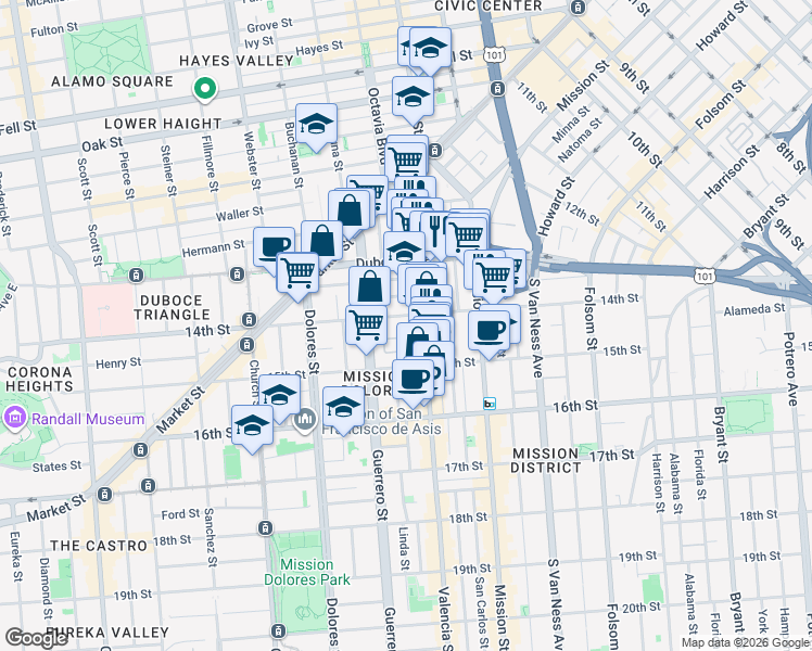 map of restaurants, bars, coffee shops, grocery stores, and more near in San Francisco