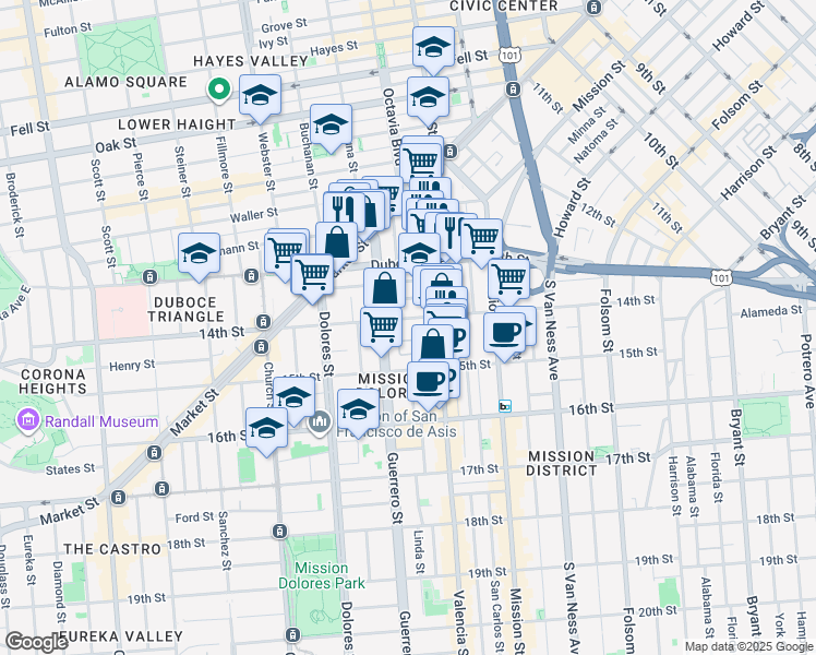 map of restaurants, bars, coffee shops, grocery stores, and more near 85B-B Brosnan Street in San Francisco