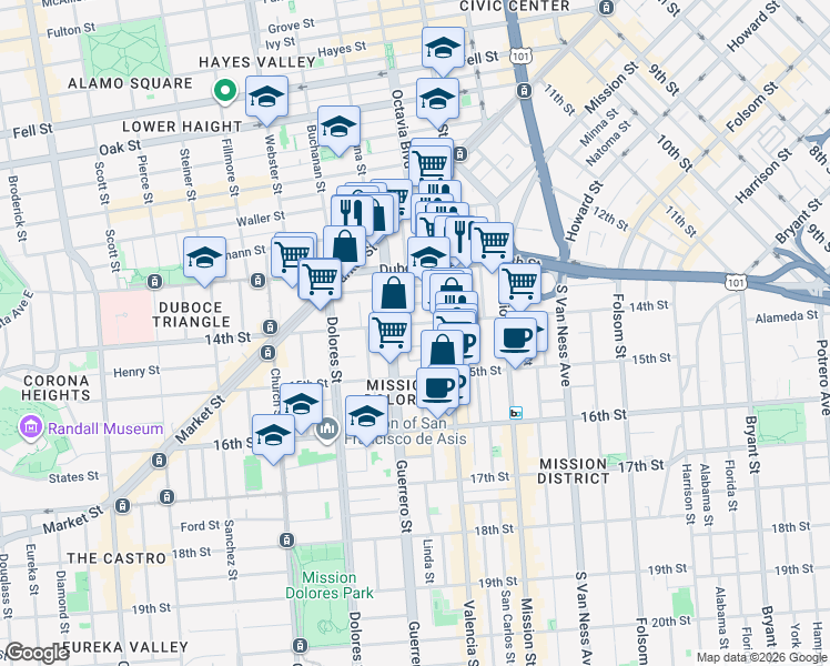 map of restaurants, bars, coffee shops, grocery stores, and more near 85B-B Brosnan Street in San Francisco