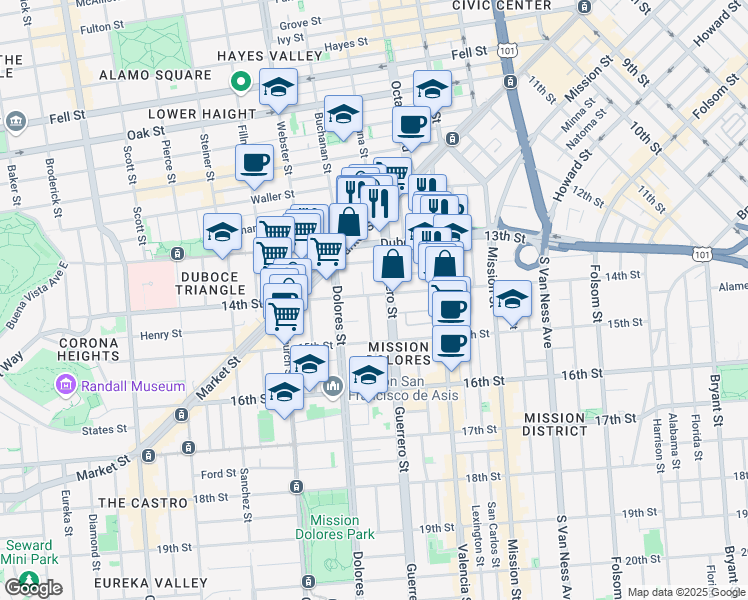 map of restaurants, bars, coffee shops, grocery stores, and more near 51 Rosemont Place in San Francisco