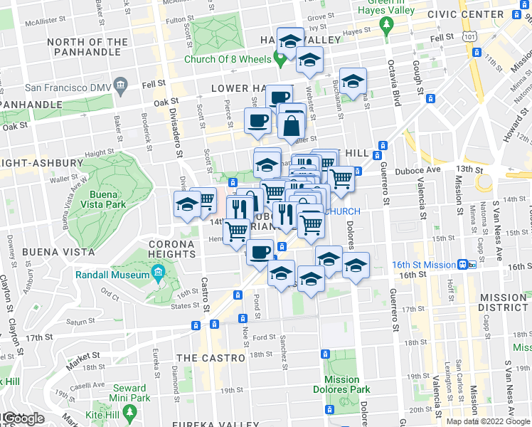 map of restaurants, bars, coffee shops, grocery stores, and more near 44 Sanchez Street in San Francisco