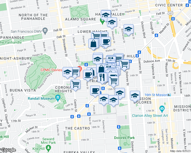 map of restaurants, bars, coffee shops, grocery stores, and more near 44 Sanchez Street in San Francisco