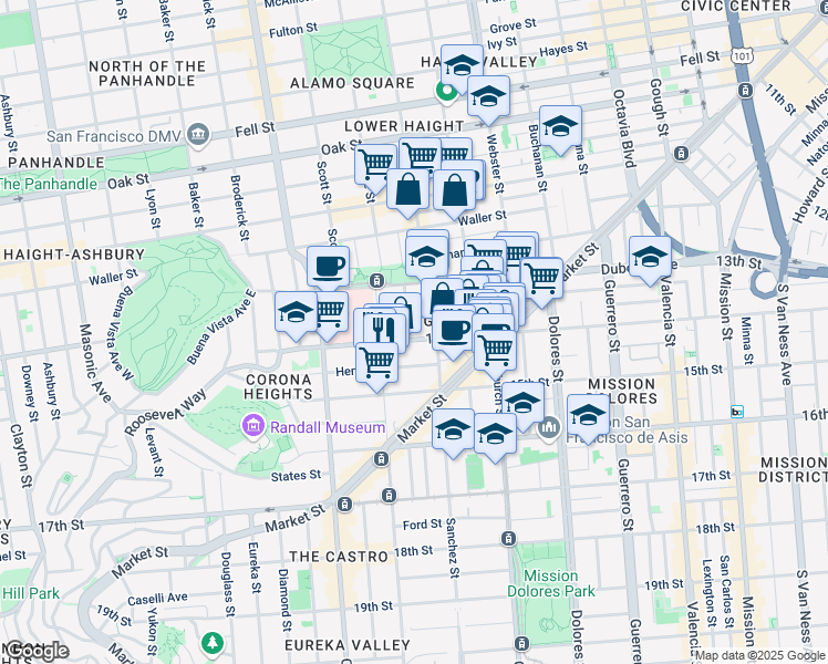 map of restaurants, bars, coffee shops, grocery stores, and more near 44 Sanchez Street in San Francisco