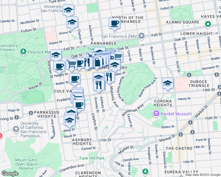 map of restaurants, bars, coffee shops, grocery stores, and more near 1345 Masonic Avenue in San Francisco
