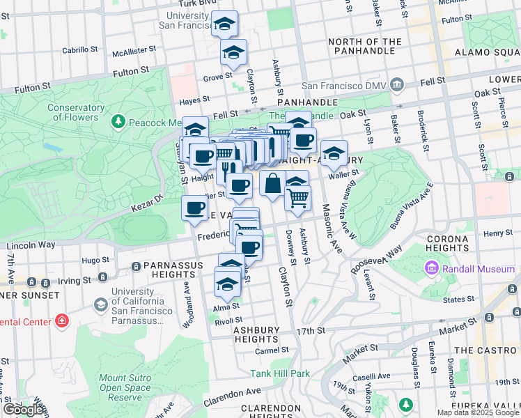 map of restaurants, bars, coffee shops, grocery stores, and more near 100 Belvedere Street in San Francisco
