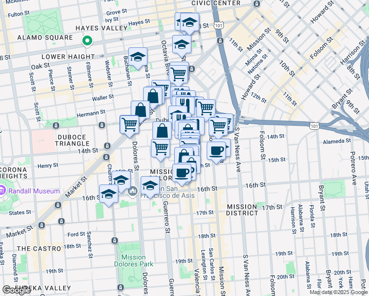 map of restaurants, bars, coffee shops, grocery stores, and more near 316 Valencia Street in San Francisco