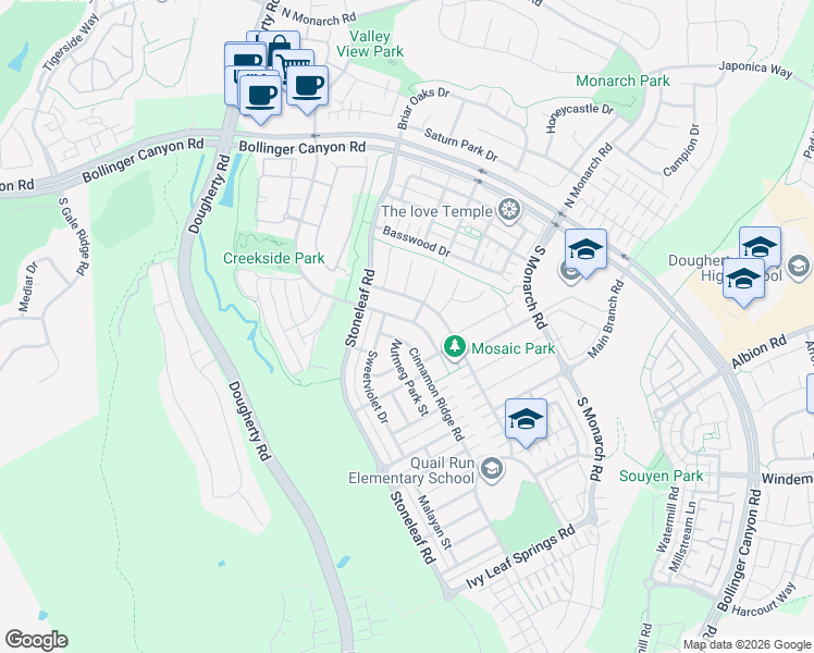 map of restaurants, bars, coffee shops, grocery stores, and more near 1041 South Wedgwood Road in San Ramon