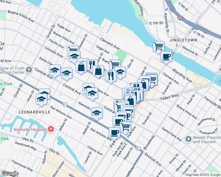 map of restaurants, bars, coffee shops, grocery stores, and more near 1524 Walnut Street in Alameda