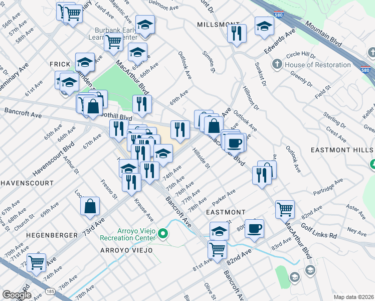 map of restaurants, bars, coffee shops, grocery stores, and more near 2684 73rd Avenue in Oakland