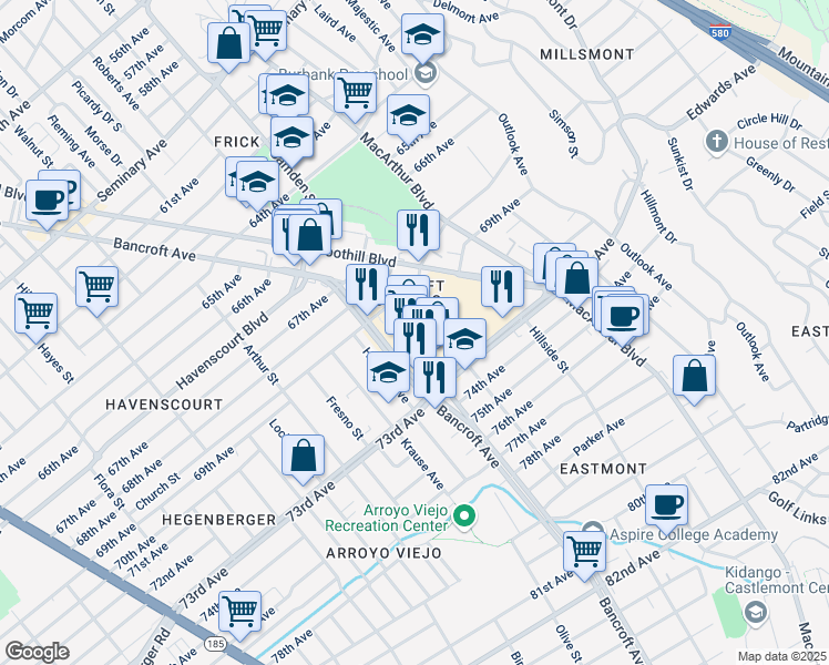 map of restaurants, bars, coffee shops, grocery stores, and more near 7200 Bancroft Avenue in Oakland