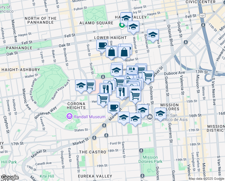 map of restaurants, bars, coffee shops, grocery stores, and more near 44 Sanchez Street in San Francisco