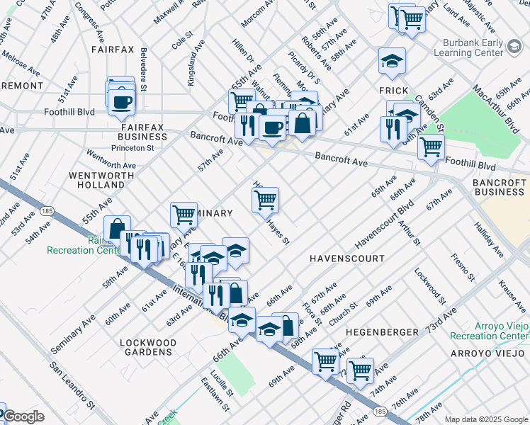 map of restaurants, bars, coffee shops, grocery stores, and more near 2227 62nd Avenue in Oakland