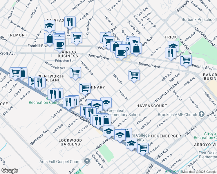map of restaurants, bars, coffee shops, grocery stores, and more near 5955 Hayes Street in Oakland