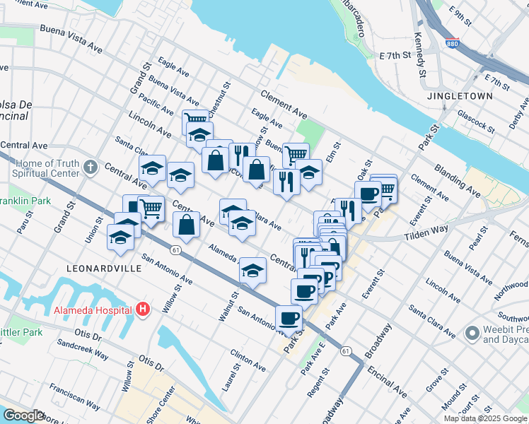 map of restaurants, bars, coffee shops, grocery stores, and more near 2136 Lincoln Avenue in Alameda
